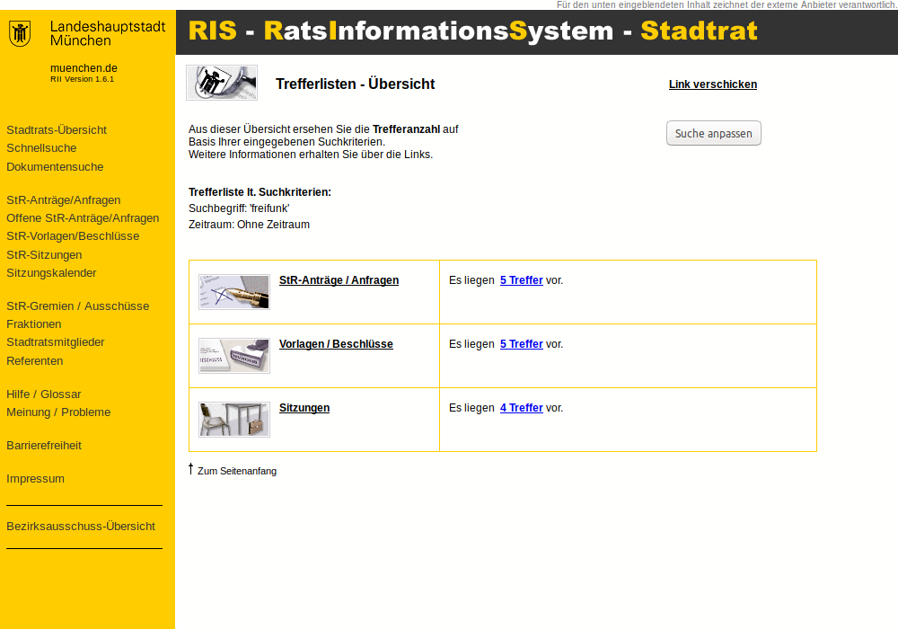 Die Suche des offiziellen münchner Ratsinformationssystems