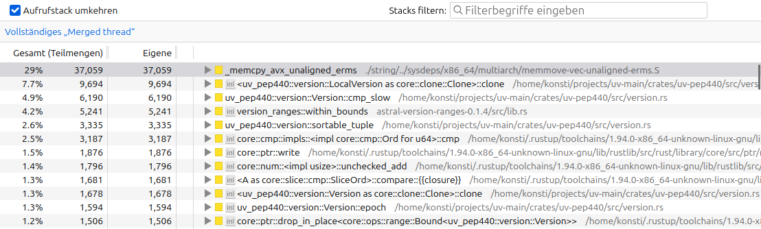 A screenshot from samply with the inverted stack trace active, showing a lot of uv_pep440 functions
